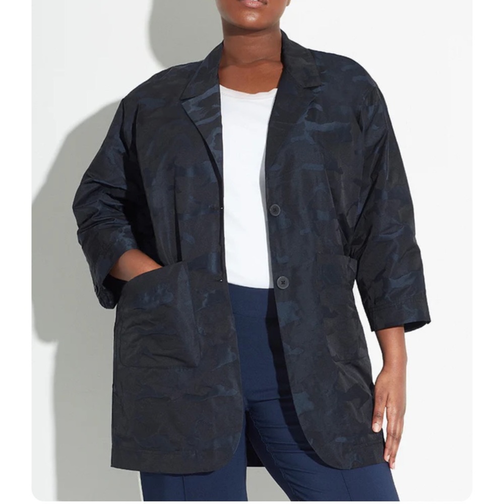 See Rose Go Women’s Navy Jacquard Camo Unstructured Blazer Jacket Size 1, 14/16